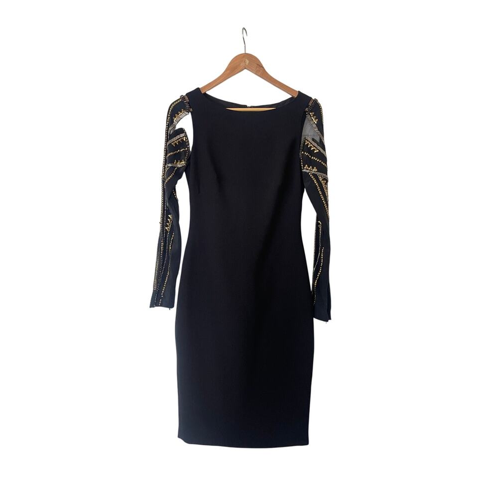 Badgley Mischka Black Sheer Embellished Sleeve Cocktail Dress • Size 2